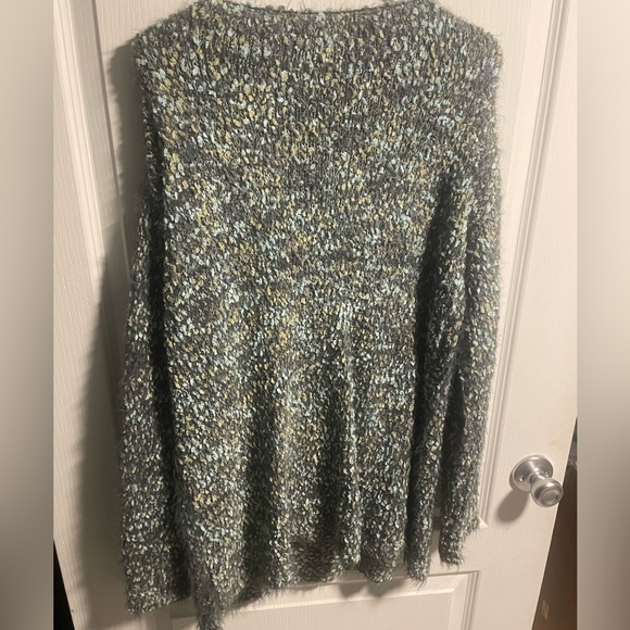 Gray with Green & Blue Confetti Detail V-Neck Sweater Eyelash Fuzzy Knit, Medium - Picture 7 of 9